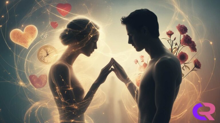A surreal, dreamlike scene of two human silhouettes standing apart but connected by glowing threads of light. One figure is transparent, reflecting the other's emotions like a mirror. Between them, a swirling mix of symbols representing love, time, and change—like a heart morphing into a clock, and blooming flowers fading into mist. The background is soft, with warm and cool tones blending together—suggesting both warmth of connection and the inevitable shift of change. The mood is contemplative, emotionally rich, and thought-provoking.