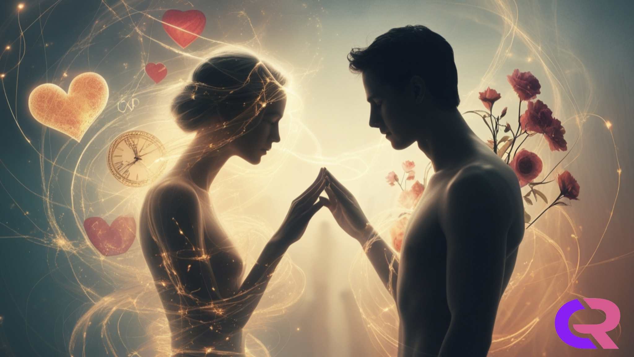A surreal, dreamlike scene of two human silhouettes standing apart but connected by glowing threads of light. One figure is transparent, reflecting the other's emotions like a mirror. Between them, a swirling mix of symbols representing love, time, and change—like a heart morphing into a clock, and blooming flowers fading into mist. The background is soft, with warm and cool tones blending together—suggesting both warmth of connection and the inevitable shift of change. The mood is contemplative, emotionally rich, and thought-provoking.