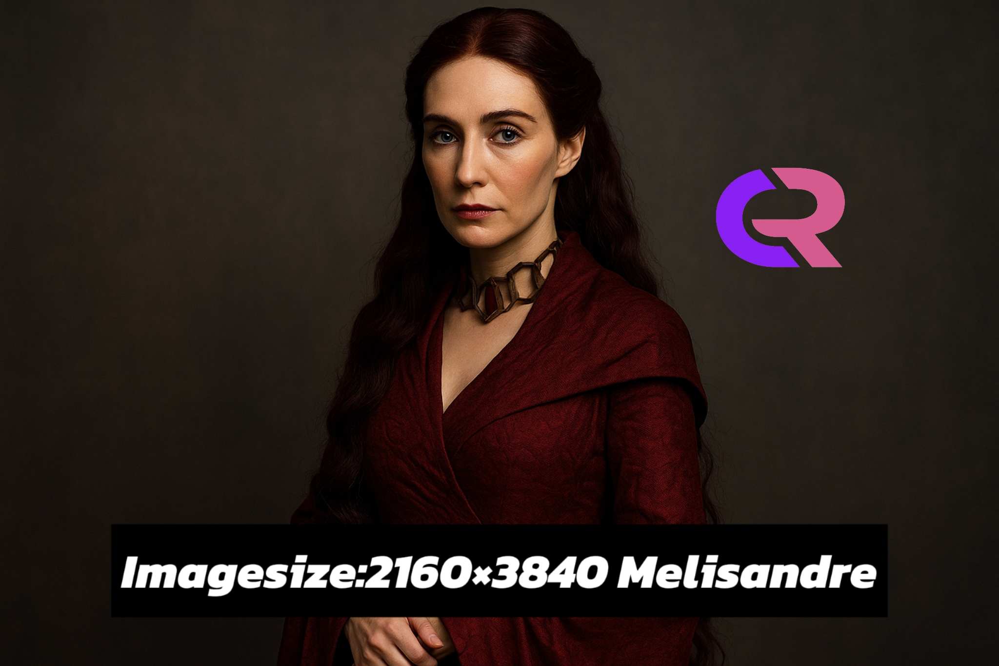 High-resolution digital image of Melisandre standing in a dramatic, fiery red gown, framed vertically with sharp detail and a dark, moody background.