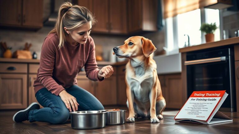 A concerned pet owner kneeling beside a medium-sized rescue dog in a cozy kitchen. The dog sits calmly in front of a food bowl, showing relaxed body language. The owner holds a treat in one hand while gently reinforcing positive behavior. The background shows a peaceful home environment with warm lighting, a training guidebook on the counter, and no distractions. The scene conveys patience, trust-building, and food training for rescue dogs with aggression issues.
